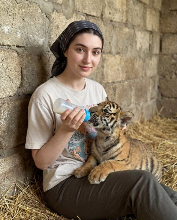 Documentary-style portrait of a woman gently feeding a tiger cub with a baby bottle in a warm rustic indoor environment with soft natural lighting.