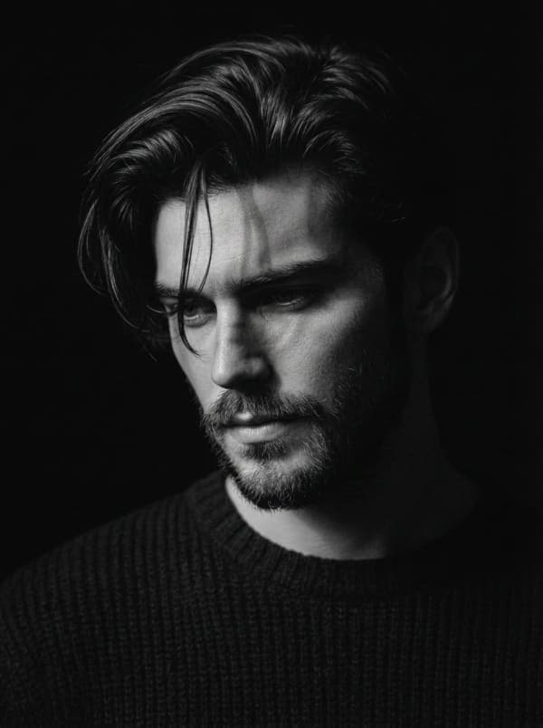 Black and white close-up portrait of a man with messy hair and beard, looking downward under a single beam of dramatic light creating deep shadows.