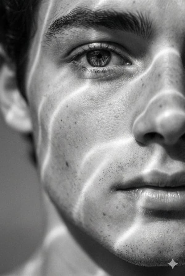 Hyperrealistic black and white macro close-up portrait of a young man’s face with surreal wave-like light patterns flowing across his skin.