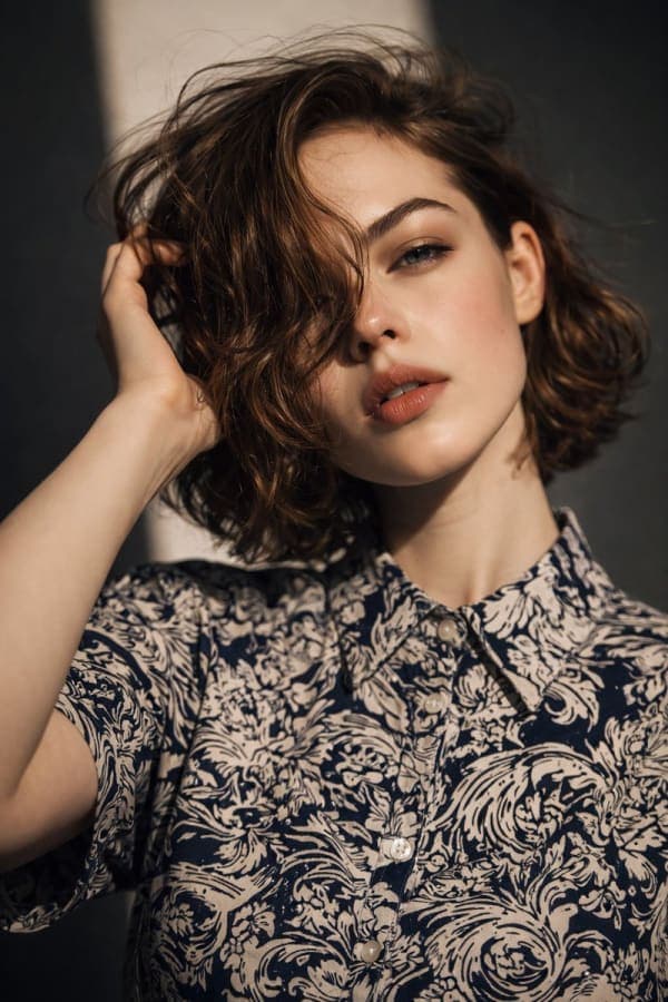 Photorealistic close-up editorial portrait of a young woman with natural makeup, soft lighting, and a blurred minimal background in a calm intimate mood.