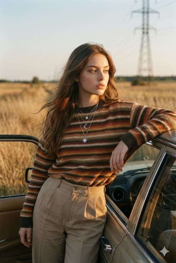 Cinematic golden-hour countryside portrait of a woman leaning against a vintage car wearing retro clothing with a nostalgic rural road trip background.