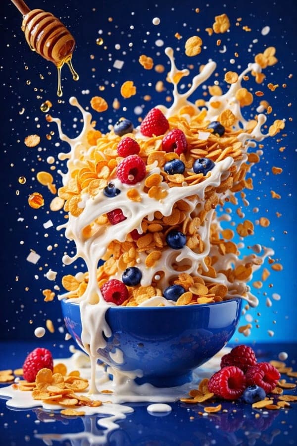 Hyper-realistic commercial food photography series showing floating smoothie bowls, cereal milk splash, and dynamic berry ingredients frozen in mid-air.