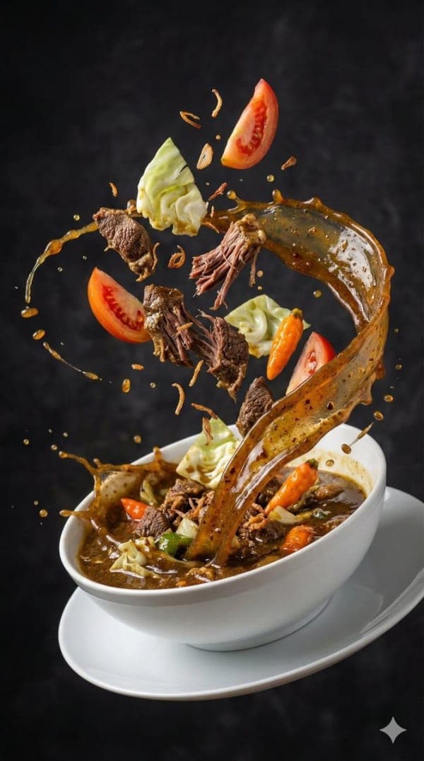 Ultra-realistic high-speed food photography of rich Asian soup with floating ingredients like beef, shrimp, noodles, and vegetables exploding mid-air with cinematic lighting.