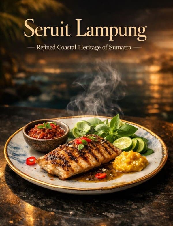 Luxury cinematic food photography of Seruit Lampung grilled fish with sambal glaze, garnished with chili, basil, and lime in a fine dining coastal sunset setting.