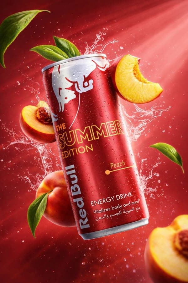 Ultra-realistic energy drink advertising series showing floating cans with purple acai, white coconut berry, and green lemon mojito styles surrounded by fruit and dynamic water splashes.