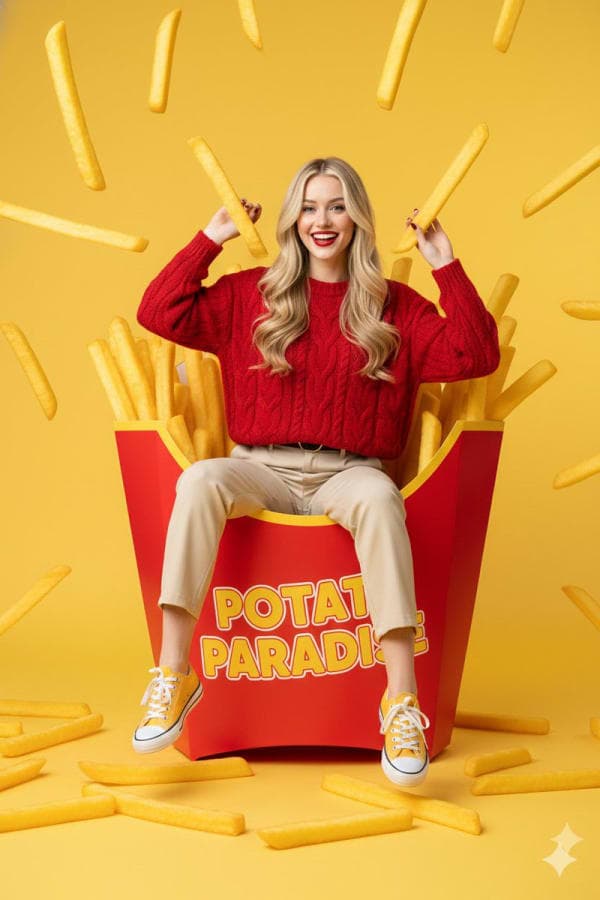 Surreal commercial photography of a woman sitting inside a giant red french fry carton surrounded by floating fries in a bright yellow studio background.