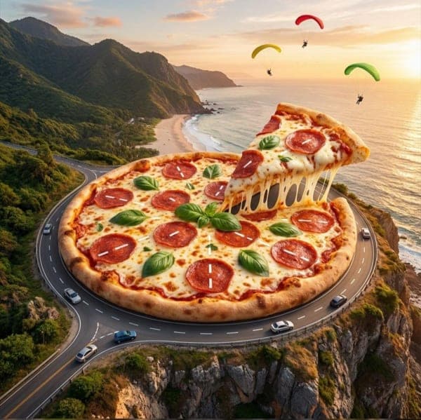 Surreal cinematic fantasy world showing giant pizza forming a coastal mountain road and a pizza slice transformed into a futuristic cyberpunk car in a neon city.