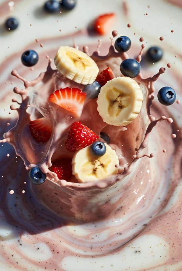 Ultra-realistic smoothie explosion with banana slices, strawberries, blueberries, chia seeds, and liquid swirl frozen mid-air in bright studio lighting.