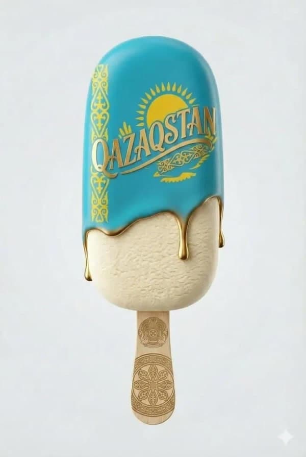 Minimalist ultra-realistic Kazakhstan-inspired ice cream bar with turquoise icing, gold ornamental patterns, and creamy vanilla interior in a clean studio background.