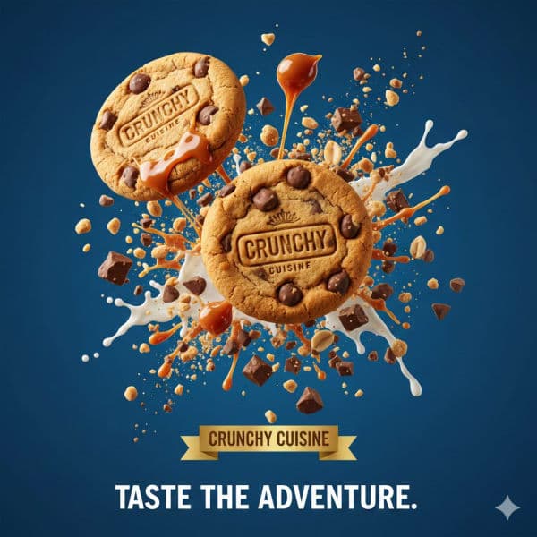 Ultra-realistic commercial photography of three chocolate chip cookies with floating chocolate chunks and sugar crystals in a clean pastel blue studio background.