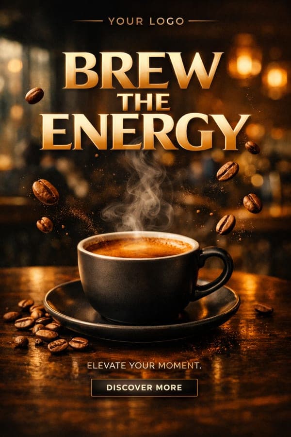 A bold luxury coffee brand poster featuring cinematic espresso photography with large modern typography and premium café advertising aesthetics.