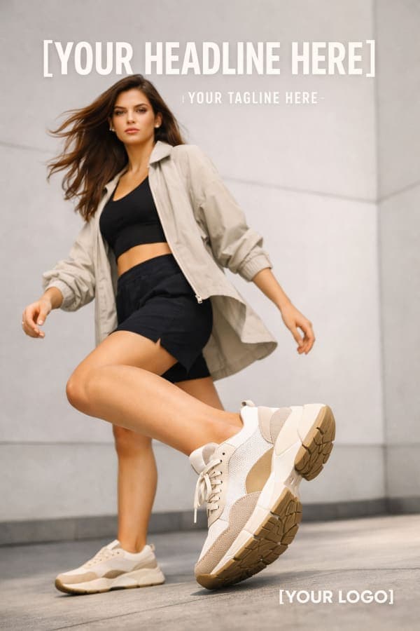 A modern women’s sneaker advertisement poster with editable typography placeholders and realistic commercial fashion photography.