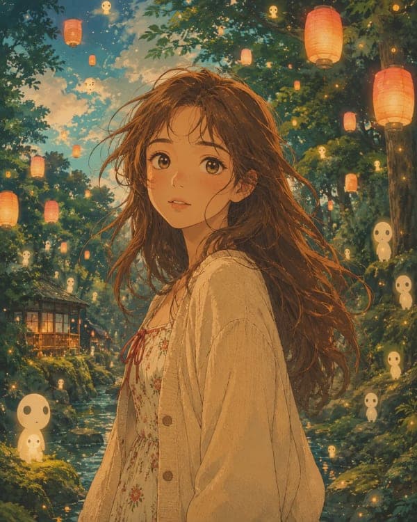 Studio Ghibli-inspired anime portrait of a young woman in a magical lantern forest with watercolor textures and warm nostalgic lighting.