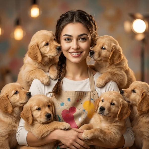 Ultra-realistic studio portrait of a person surrounded by golden retriever puppies with warm cinematic lighting and soft blurred background.