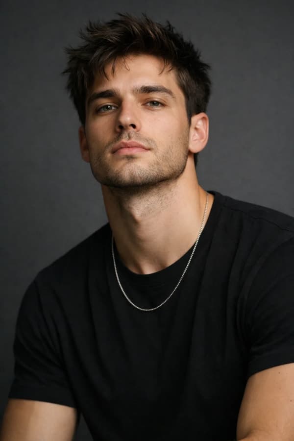 Close-up portrait of a stylish young man wearing a black t-shirt and silver chain against a dark grey studio background with a minimal cinematic aesthetic.