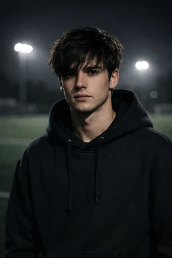 Stylish young man in a black hoodie standing on a dark sports field at night with soft stadium lights and a moody cinematic Pinterest-style aesthetic.