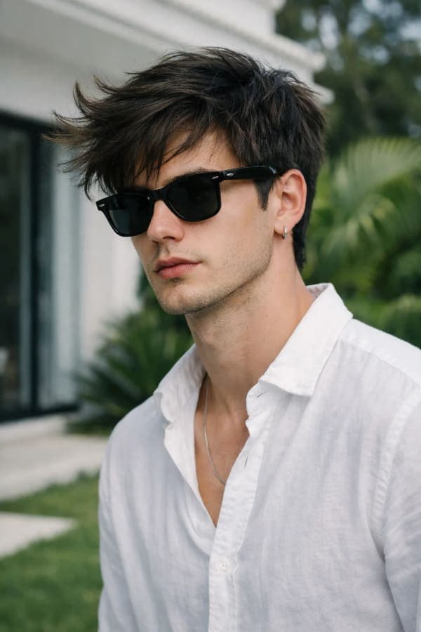 Stylish young man in a white shirt and sunglasses captured in a close-up outdoor portrait with a luxury garden villa background and a clean summer aesthetic.