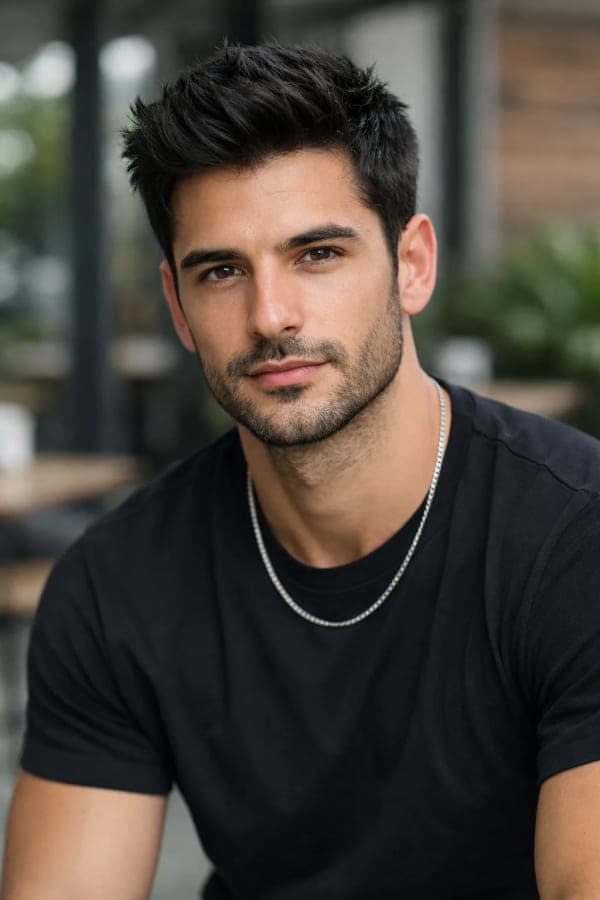 Close-up portrait of a stylish young man wearing a black t-shirt and silver chain at a blurred café terrace background with a clean cinematic Pinterest-style aesthetic.