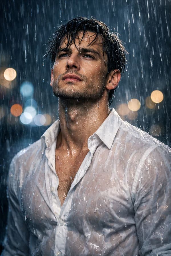 Stylish young man standing in heavy rain wearing a soaked white shirt with cinematic lighting, blurred city lights, and a moody Pinterest-style aesthetic.