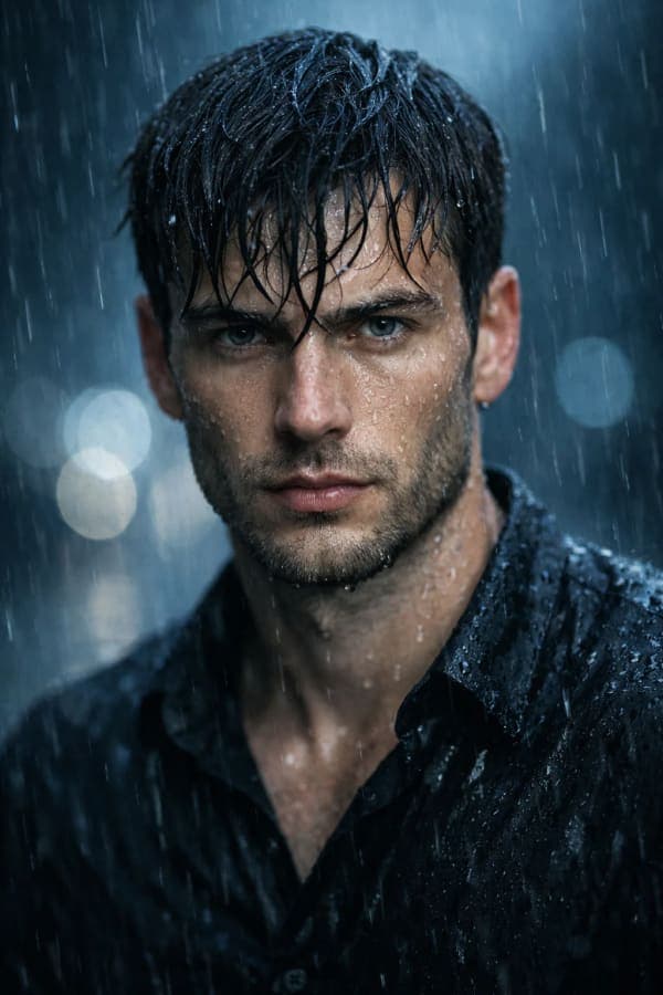 Close-up portrait of a stylish young man in heavy rain with wet hair, dramatic lighting, blurred blue city lights, and a moody cinematic Pinterest-style aesthetic.