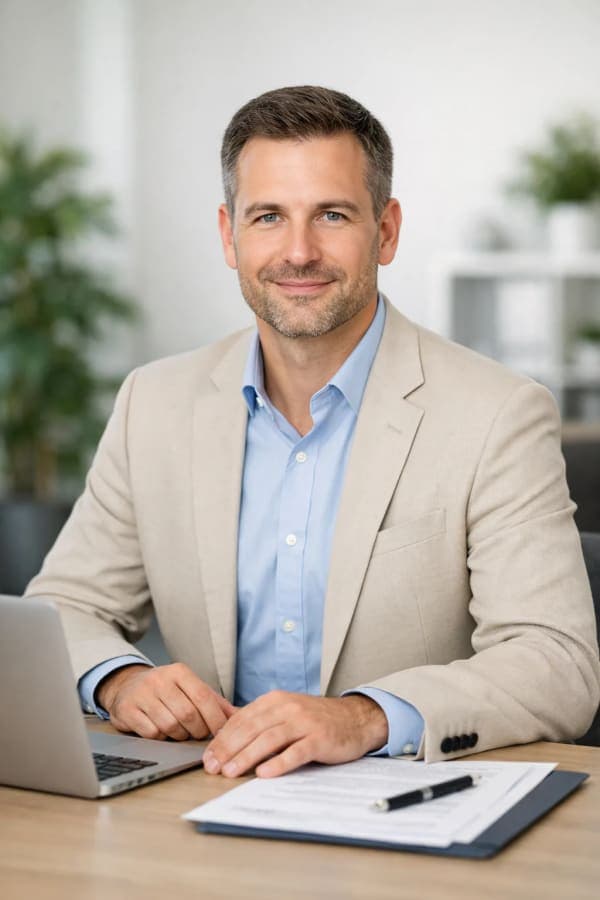 Professional website profile photo of a businessman sitting at a desk in a modern office with a laptop and plants, wearing a beige blazer with a friendly and professional LinkedIn-style aesthetic.