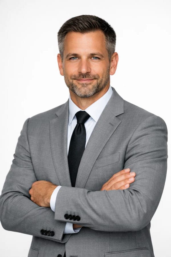 Professional business headshot of a confident man in a light grey suit against a white studio background with soft lighting and a clean LinkedIn-style corporate aesthetic.