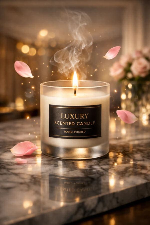 Ultra-realistic commercial product photography of a luxury scented candle in a frosted glass jar with cinematic smoke, flower petals, and elegant lighting on a reflective marble surface.