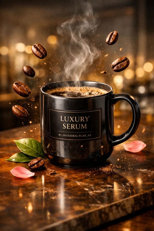 Ultra-realistic commercial photography of a designer coffee mug with steaming fresh coffee, floating coffee beans, and cinematic café lighting on a polished tabletop.