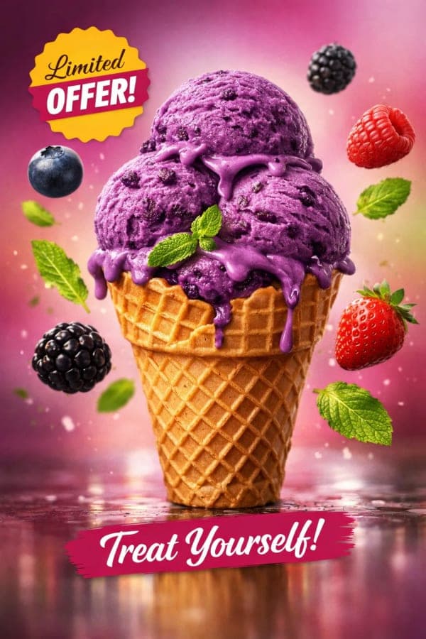 Ultra-realistic social media poster of a purple berry ice cream cone in a waffle cup with floating berries, mint leaves, and a vibrant gradient background for promotional advertising.