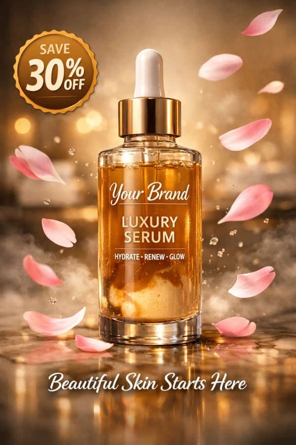 Hyper-realistic social media poster of a skincare serum bottle with glass dropper, floating flower petals, mist, and cinematic lighting on a reflective marble surface.
