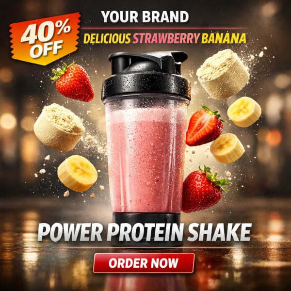 Hyper-realistic social media poster of a protein shake in a shaker bottle with floating powder, fruit slices, condensation, and cinematic gym-style lighting.