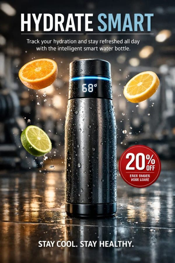 Hyper-realistic fitness social media poster of a smart water bottle on a reflective gym floor with floating citrus slices, condensation, cinematic lighting, and bold typography layout.