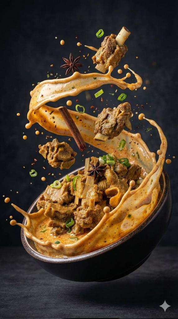 Hyper-realistic cinematic spicy meat soup explosion with floating bone-in meat, swirling curry broth, spices, and steam in dramatic dark studio lighting.