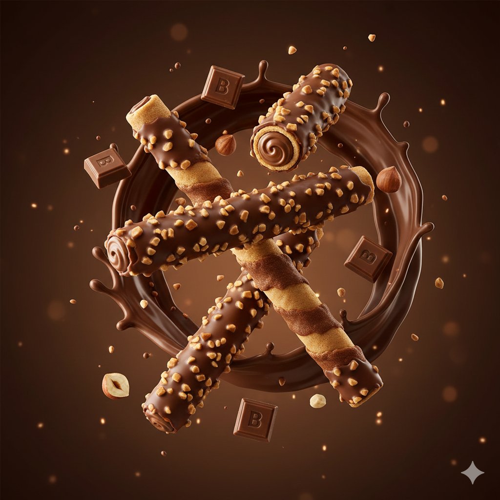 Floating Wafer Rolls Explosion – Hyper-Realistic Chocolate & Hazelnut Zero-Gravity Dessert Photography
