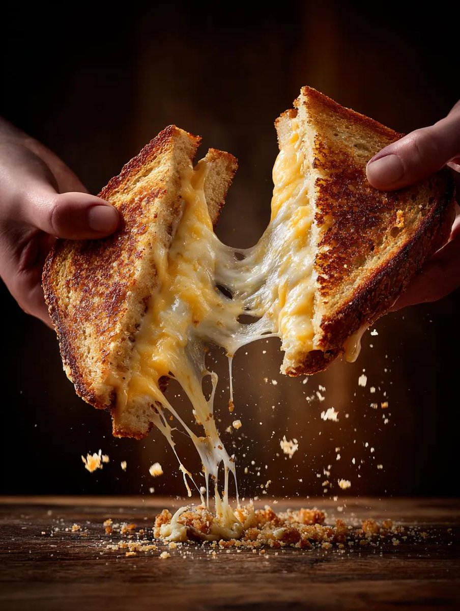Two hands pulling apart a grilled cheese sandwich with long melted cheddar strands stretching between golden toasted bread in warm cinematic lighting.