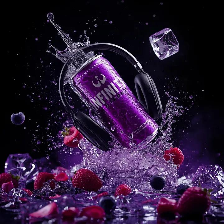 Floating purple energy drink can labeled “INFINITY ENERGY DRINK – NIGHT KING” surrounded by explosive liquid splashes, ice cubes, berries, and headphones in cinematic dark studio lighting.