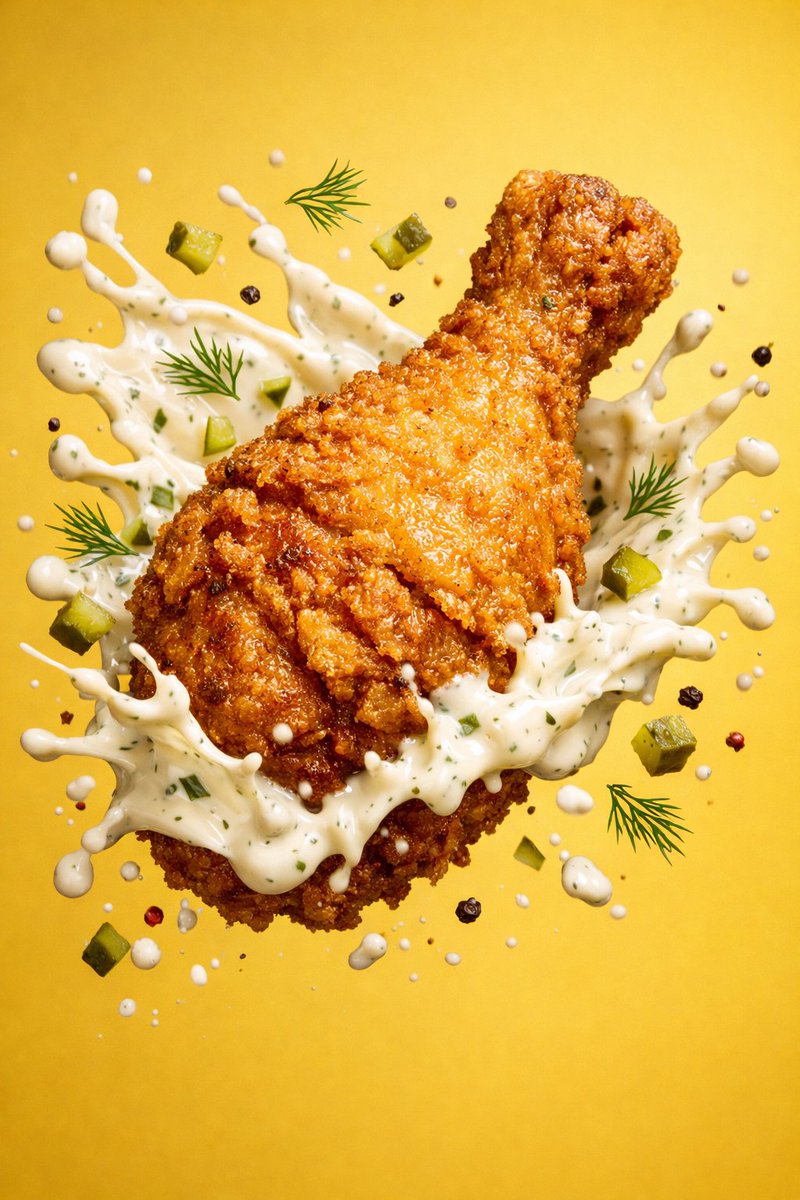 Epic cinematic scene of a giant crispy fried chicken leg rising from a tidal wave of creamy sauce with floating pickles and herbs in a surreal food universe.