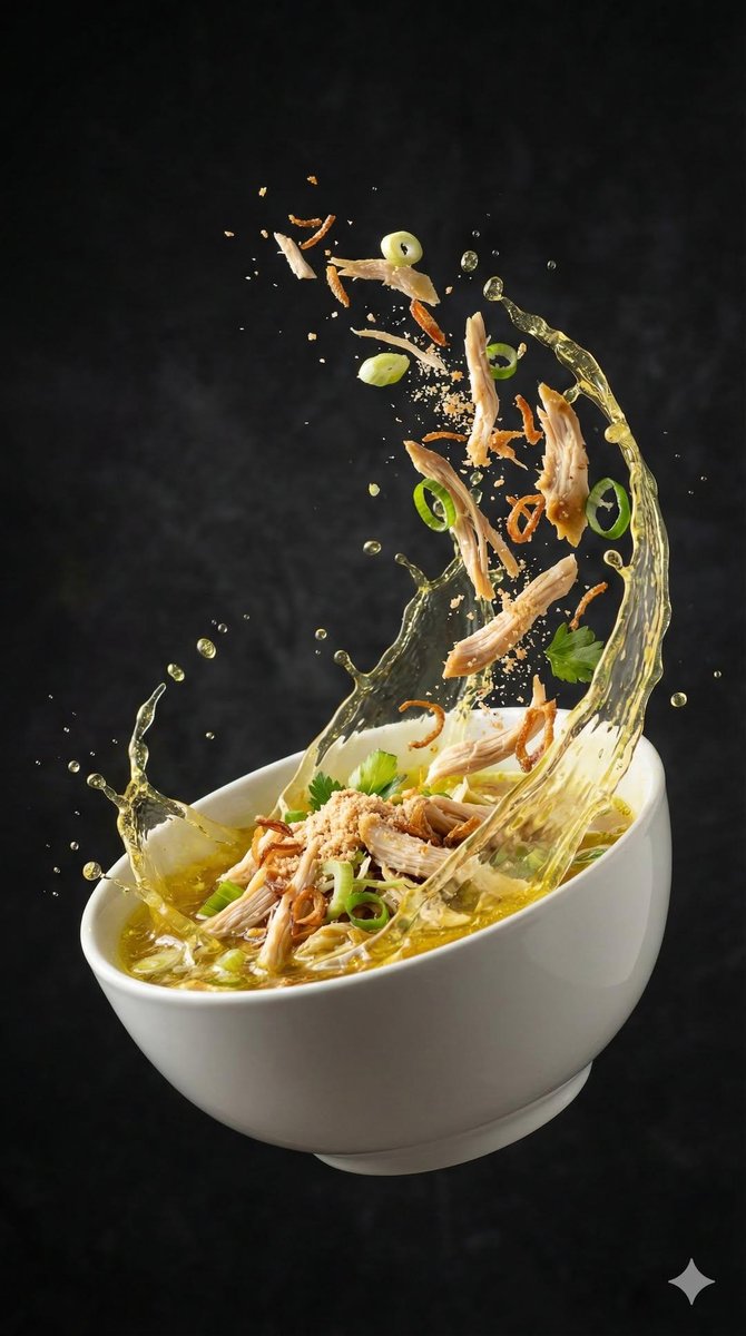 Cinematic hyper-realistic Seblak kuah scene with intact ceramic bowl and dynamically splitting crackers, stretching spicy broth, and floating toppings in motion.