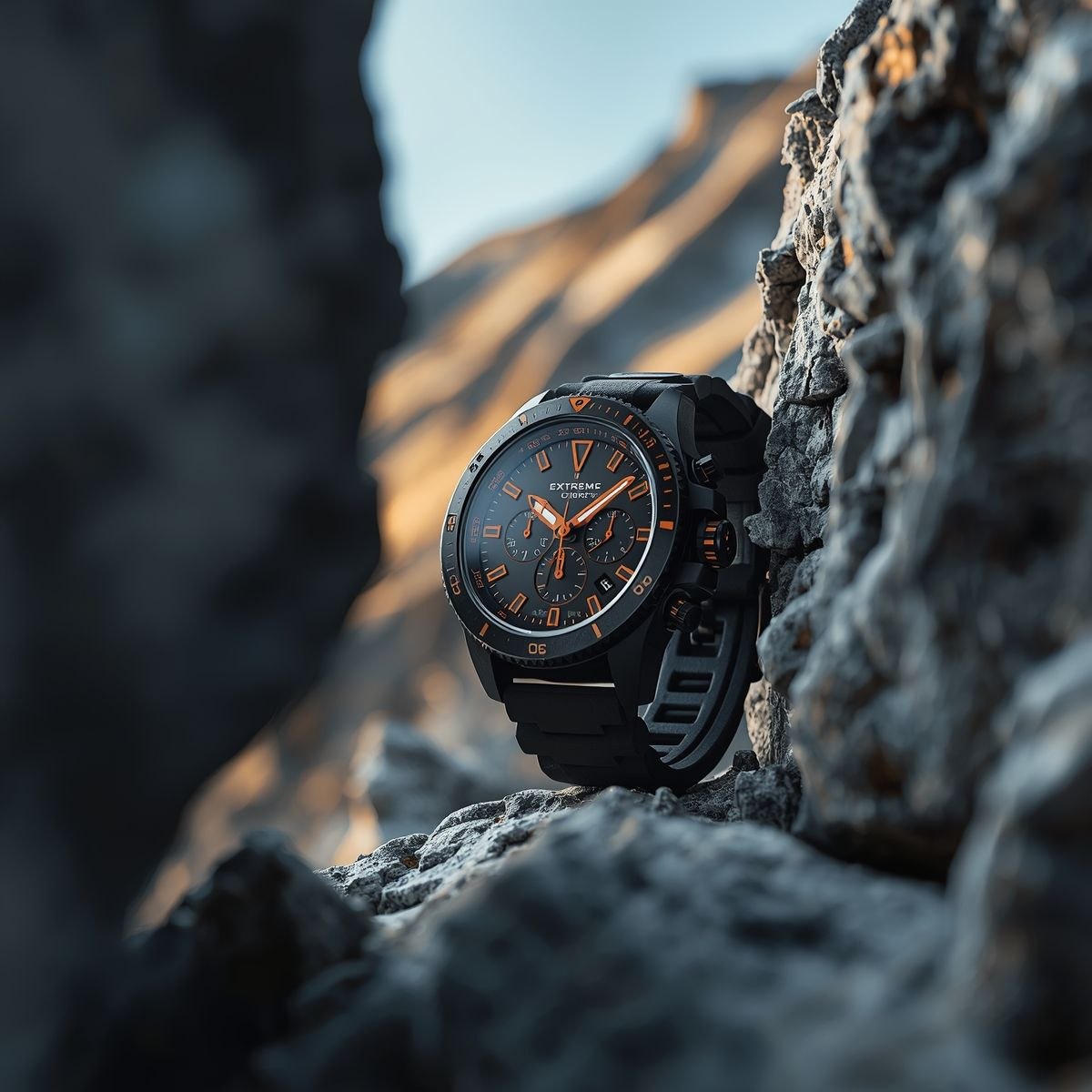 Rugged luxury chronograph watch placed between alpine rocks with cinematic macro lighting, showcasing orange accents, textured materials, and dramatic natural environment.