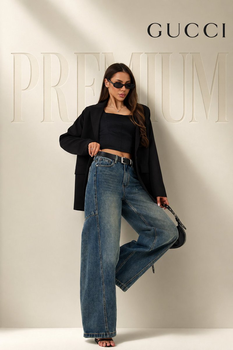 Ultra-realistic luxury fashion editorial featuring a confident female model wearing an oversized black blazer, crop top, and baggy blue denim jeans in a minimalist beige studio with premium typography and Gucci-inspired branding.