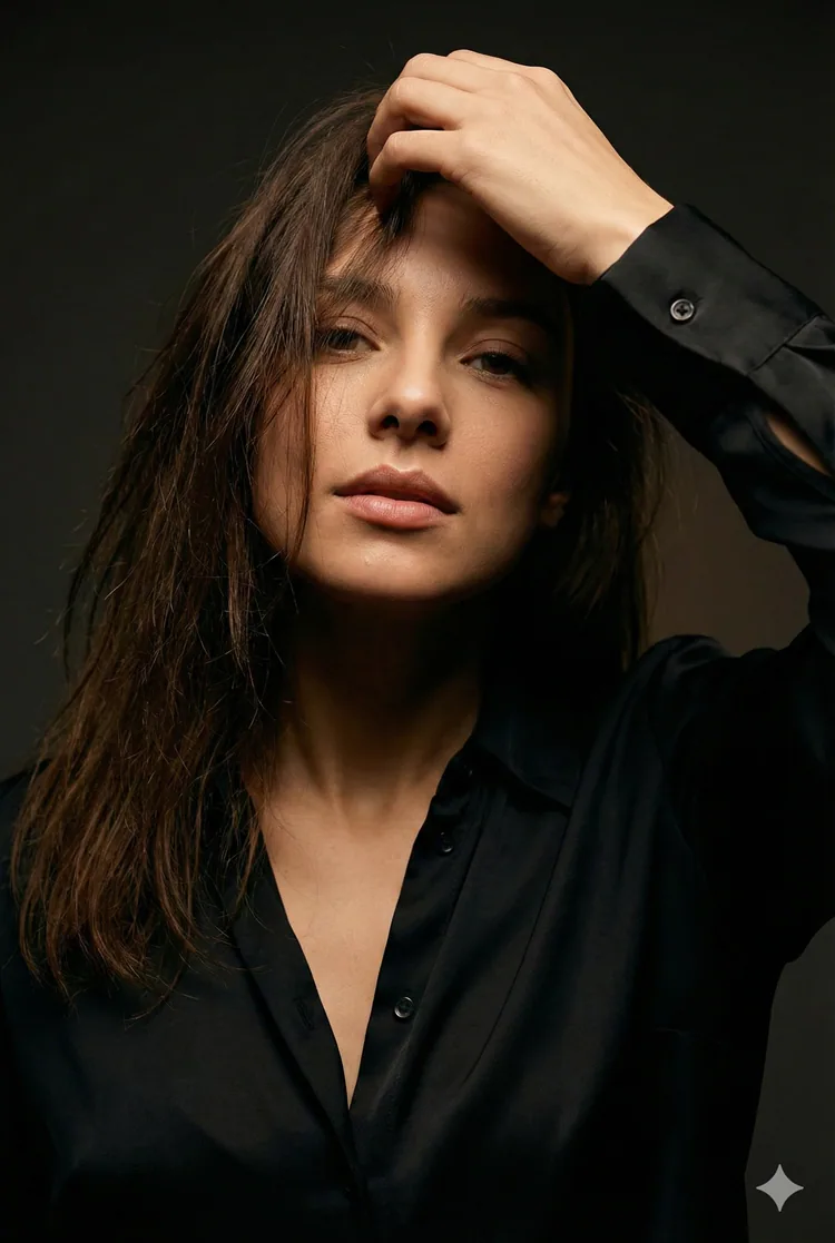 Elegant studio portrait of a woman with messy hair under an amber spotlight, wearing a black blouse with cinematic fashion lighting.
