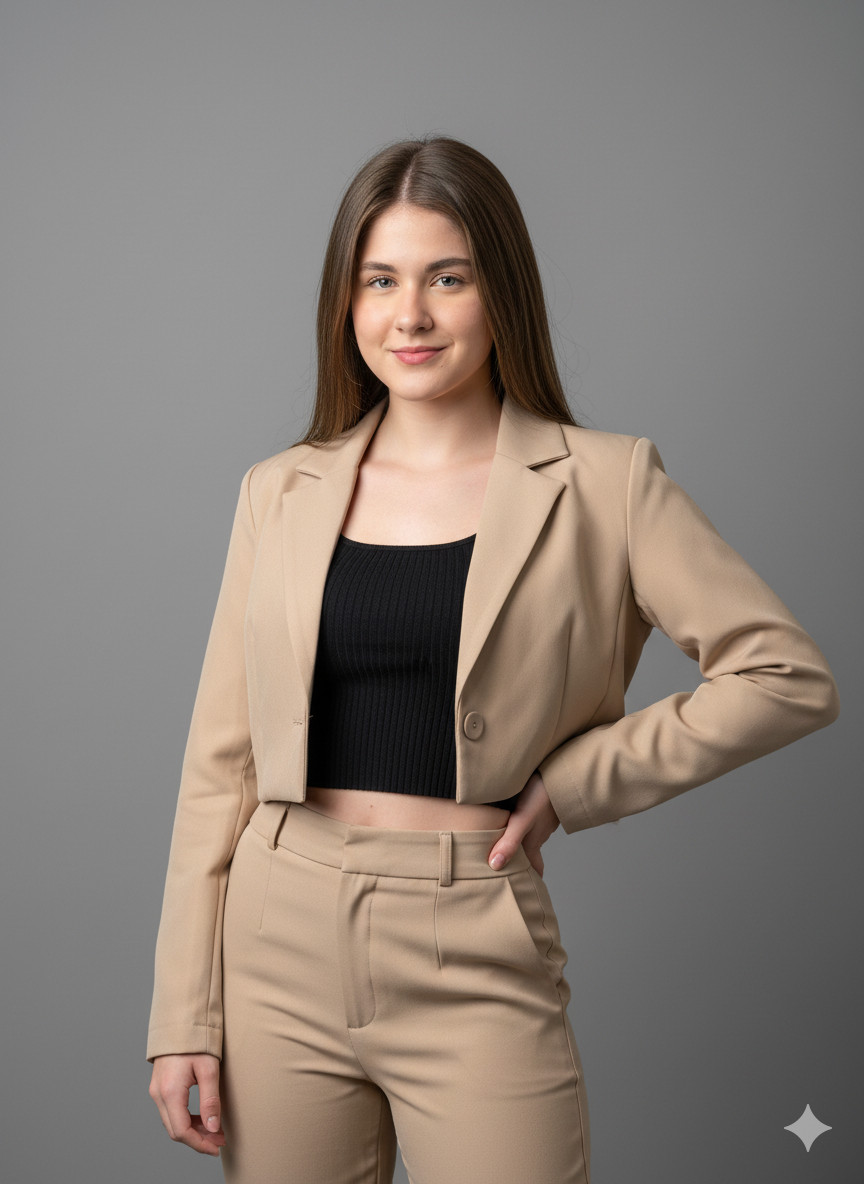 Modern studio fashion portrait of a smiling woman in beige blazer and high-waist trousers against a soft gray gradient background.