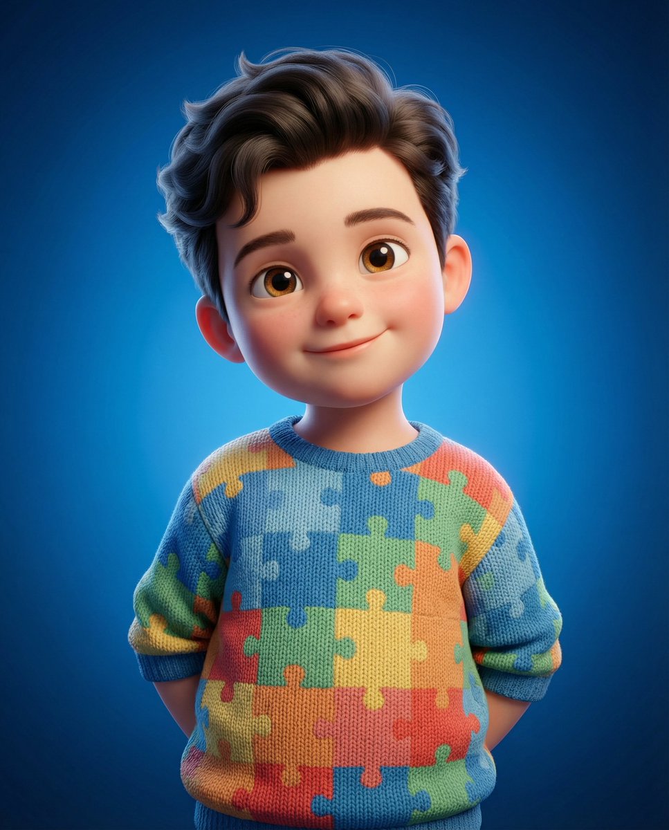 Stylized 3D childlike character with soft round face, puzzle-pattern sweater, and cinematic blue gradient background with gentle studio lighting.