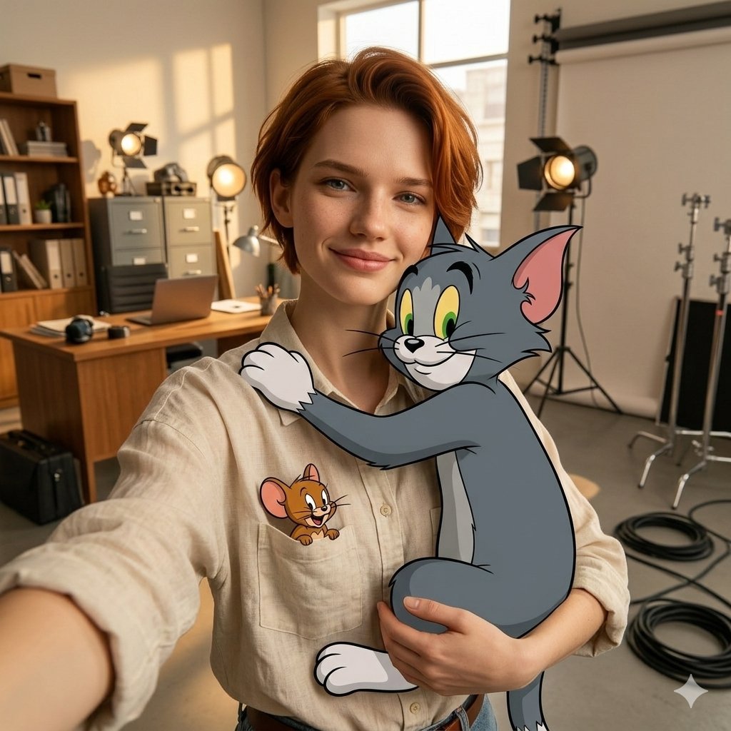 First-person POV selfie of a person hugging a stylized 3D cartoon version of Tom from Tom and Jerry in a warm studio environment with cinematic lighting.