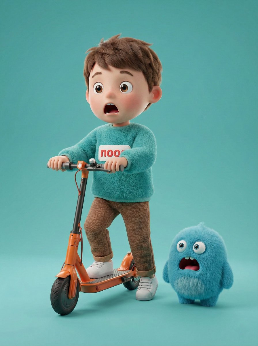 Cute 3D boy riding an orange electric scooter with a small blue furry monster, both showing shocked expressions on a clean teal studio background.