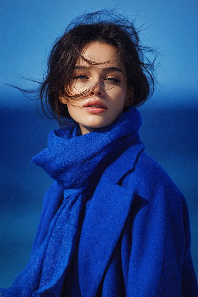 Minimal cinematic portrait of a young woman wearing a royal blue coat and scarf in natural soft lighting with a blurred blue outdoor background.