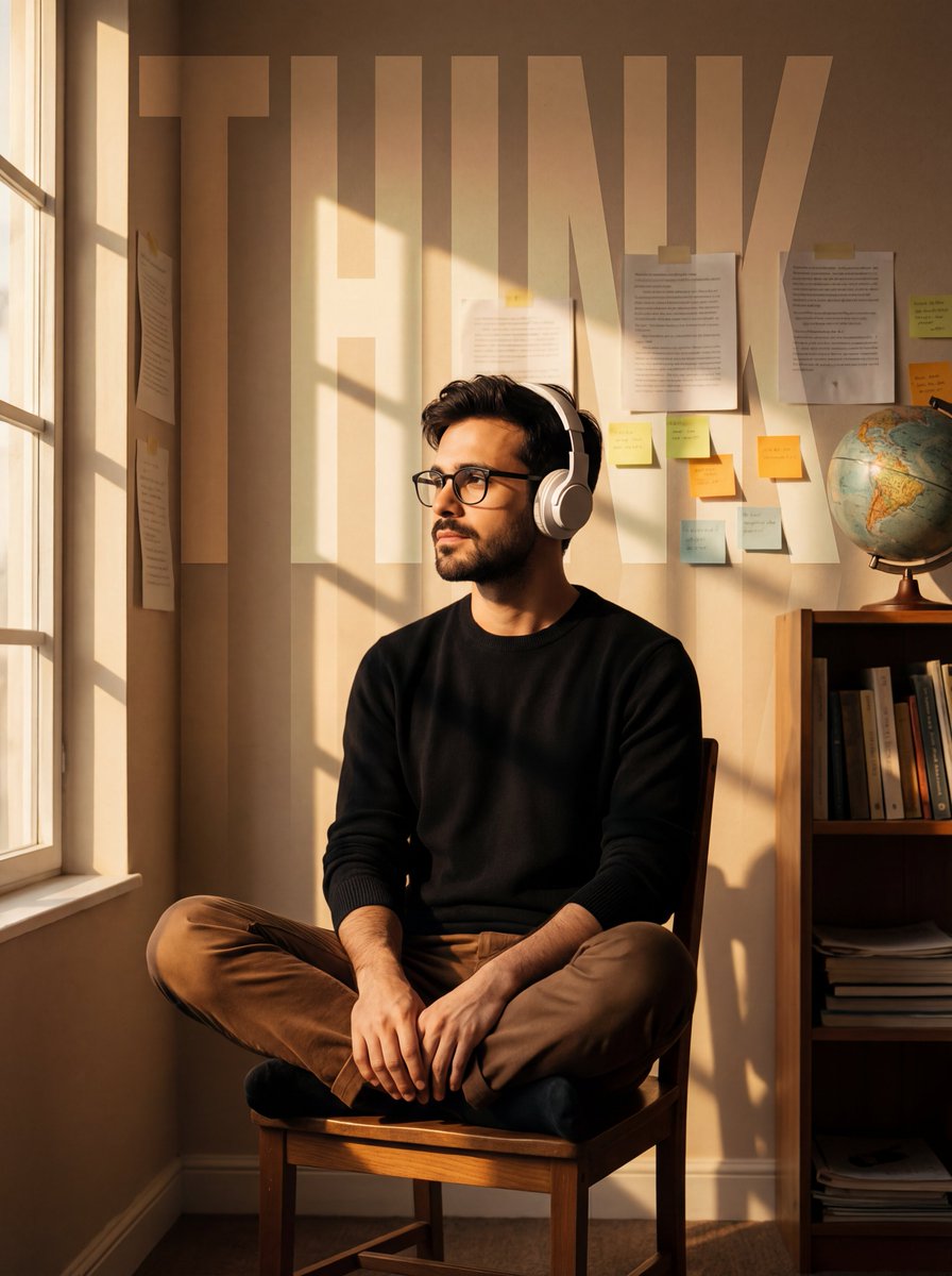 Moody Study Room Portrait with THINK Typography Overlay