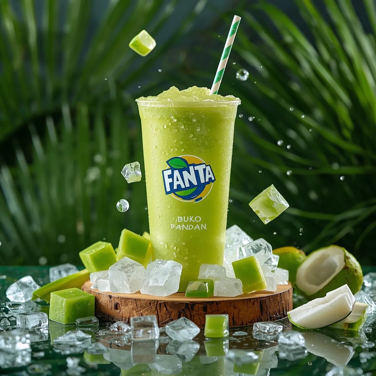 Ultra Realistic Tropical Fanta Buko Pandan Beverage Commercial Product Photography