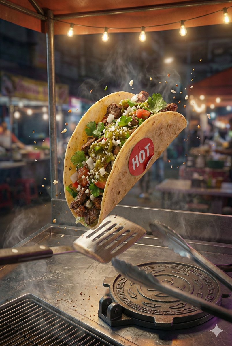 Hyper-realistic cinematic street poster showing a mid-air taco flip above a street cart under warm neon lighting with dramatic urban night atmosphere.