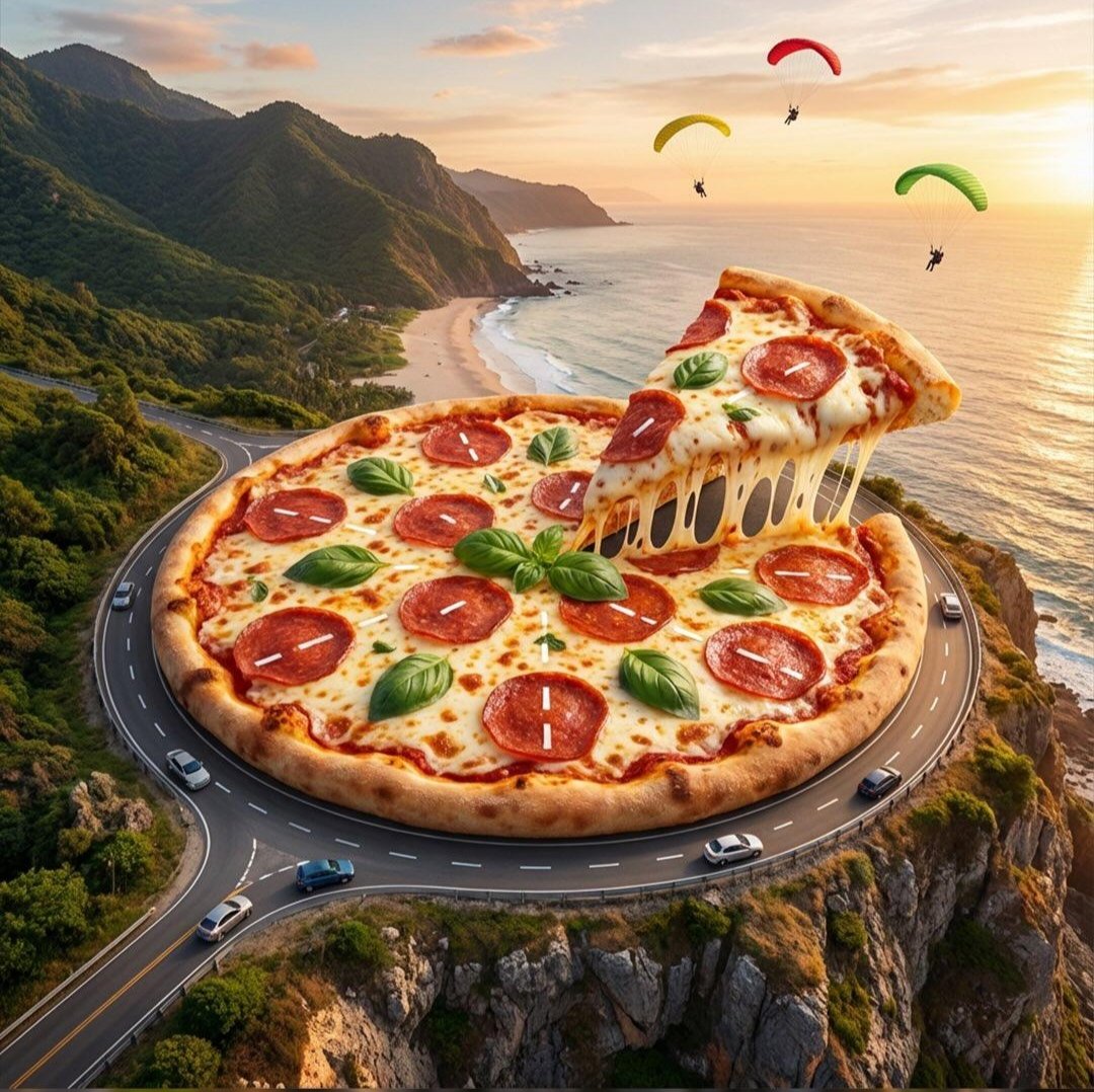 Surreal cinematic fantasy world showing giant pizza forming a coastal mountain road and a pizza slice transformed into a futuristic cyberpunk car in a neon city.